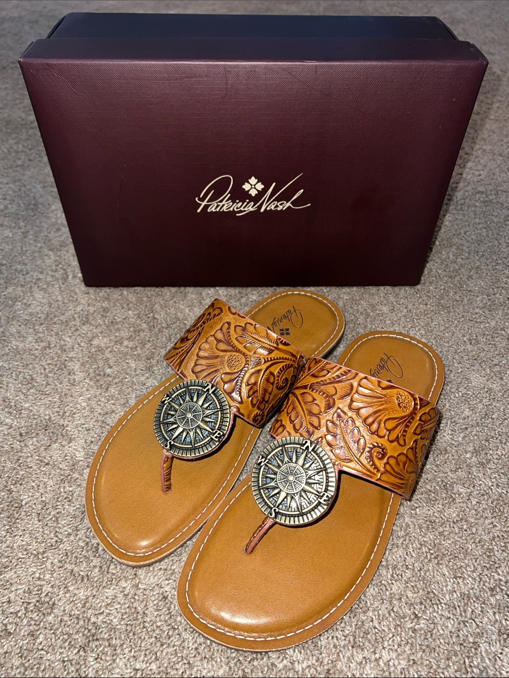 Patricia Nash Niki Tan Tooled Leather Compass Medallion Sandals